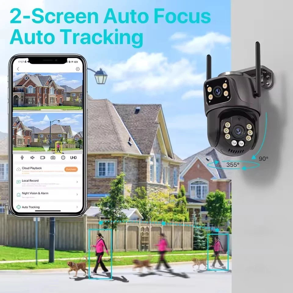 4K 8MP WiFi PTZ Outdoor IP Camera Dual Lens AI Auto Tracking Audio CCTV iCSee