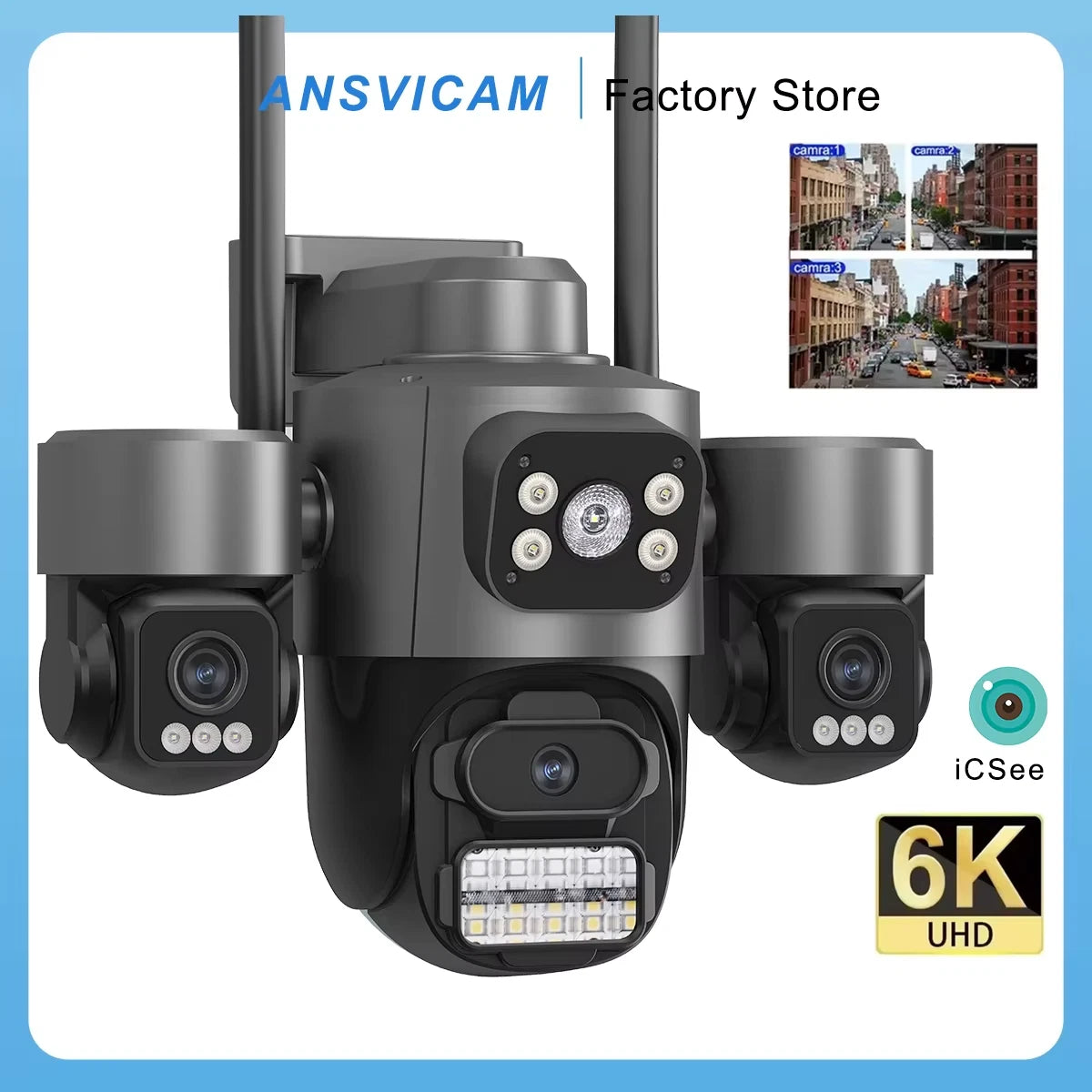 ICsee 6K HD Triple Lens PTZ Outdoor Security Camera 12MP Auto Tracking WiFi CCTV